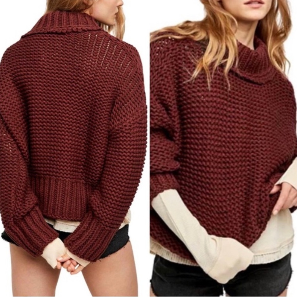 Free People My Only Sunshine Chunky Knit Mock Neck Maroon Sweater Size XS
